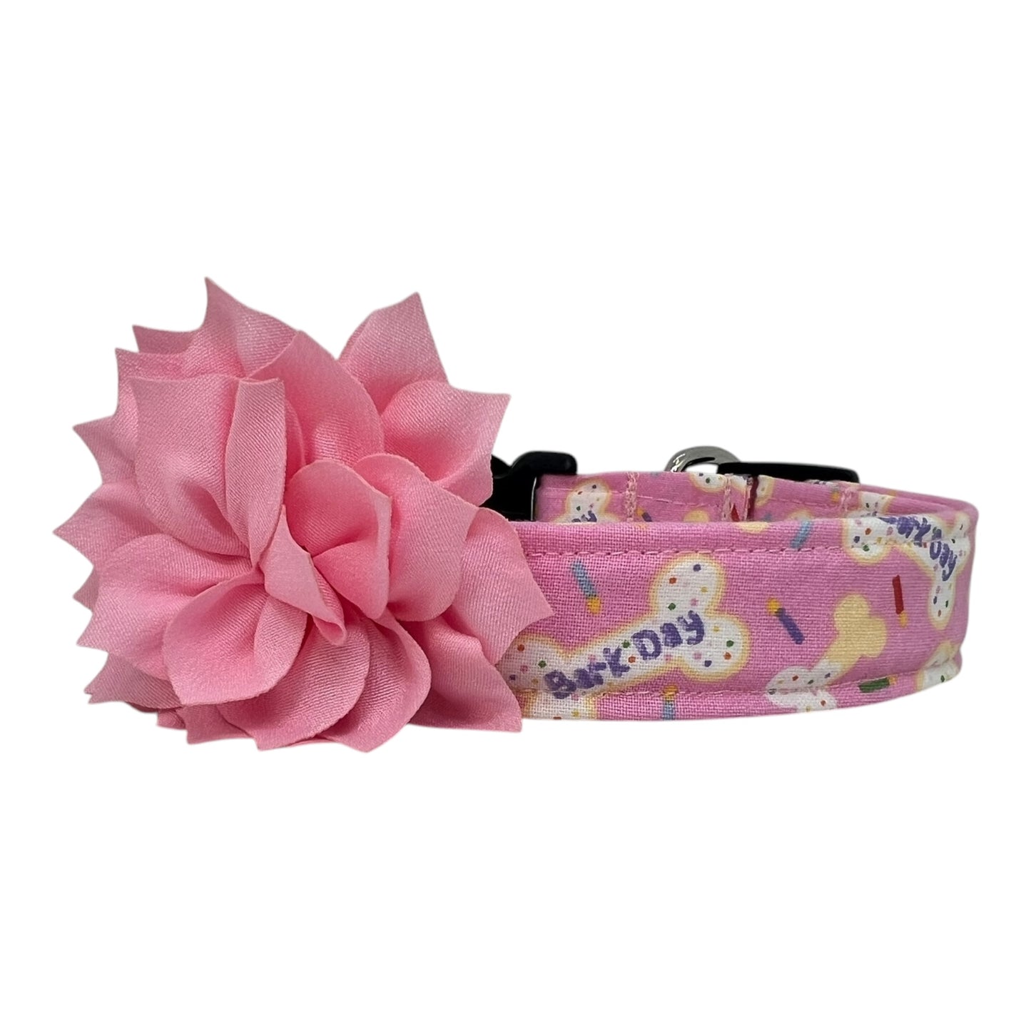 Pink Barkday Birthday Dog Collar with Flower
