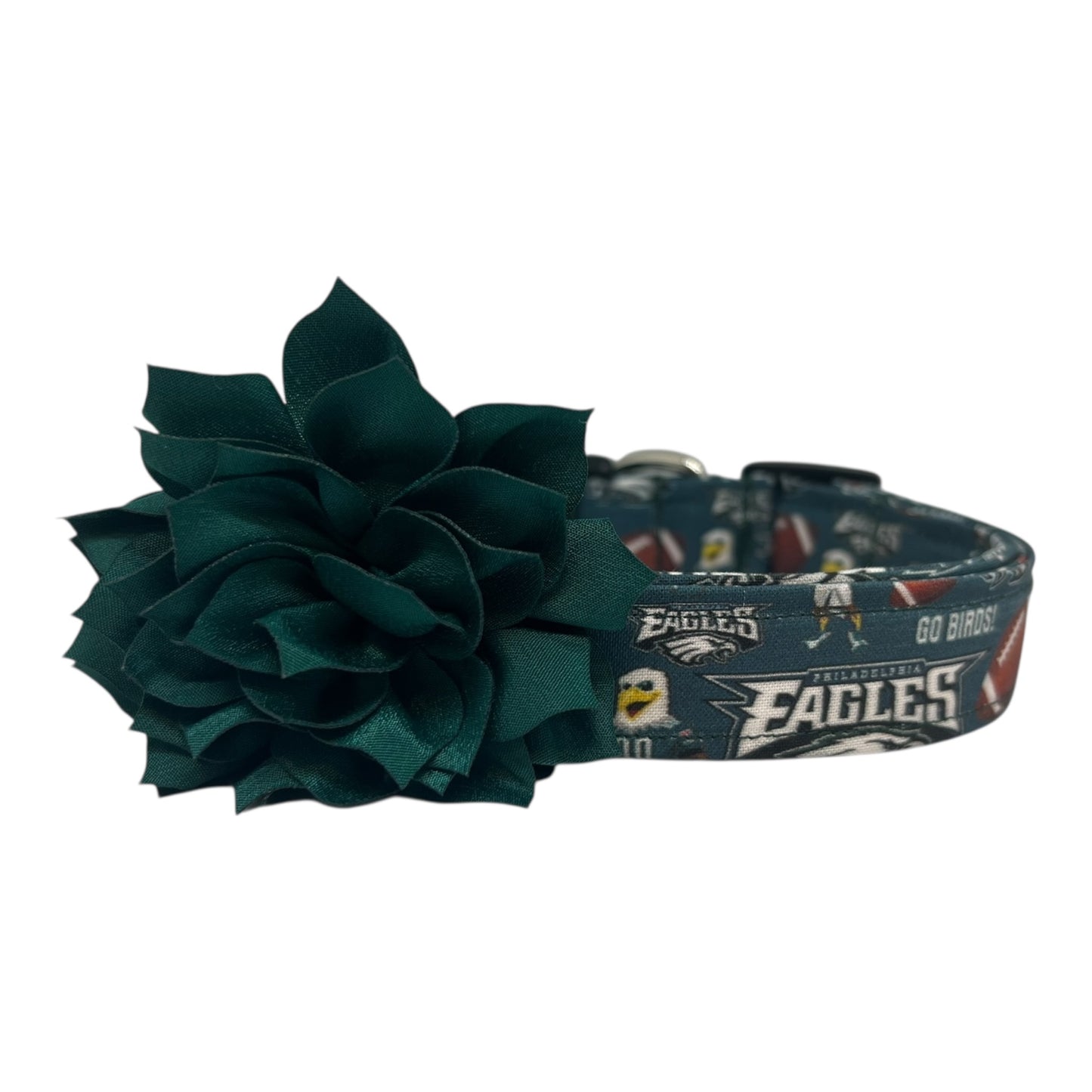 Philadelphia Eagles dog collar with dark green team print and a Teal flower embellishment attached.