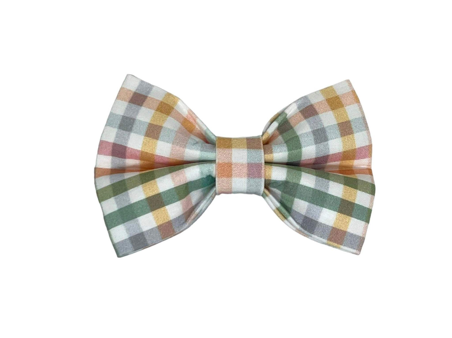 Gingham pastel plaid bow tie for dogs, durable fabric with double elastic loops for collar attachment.