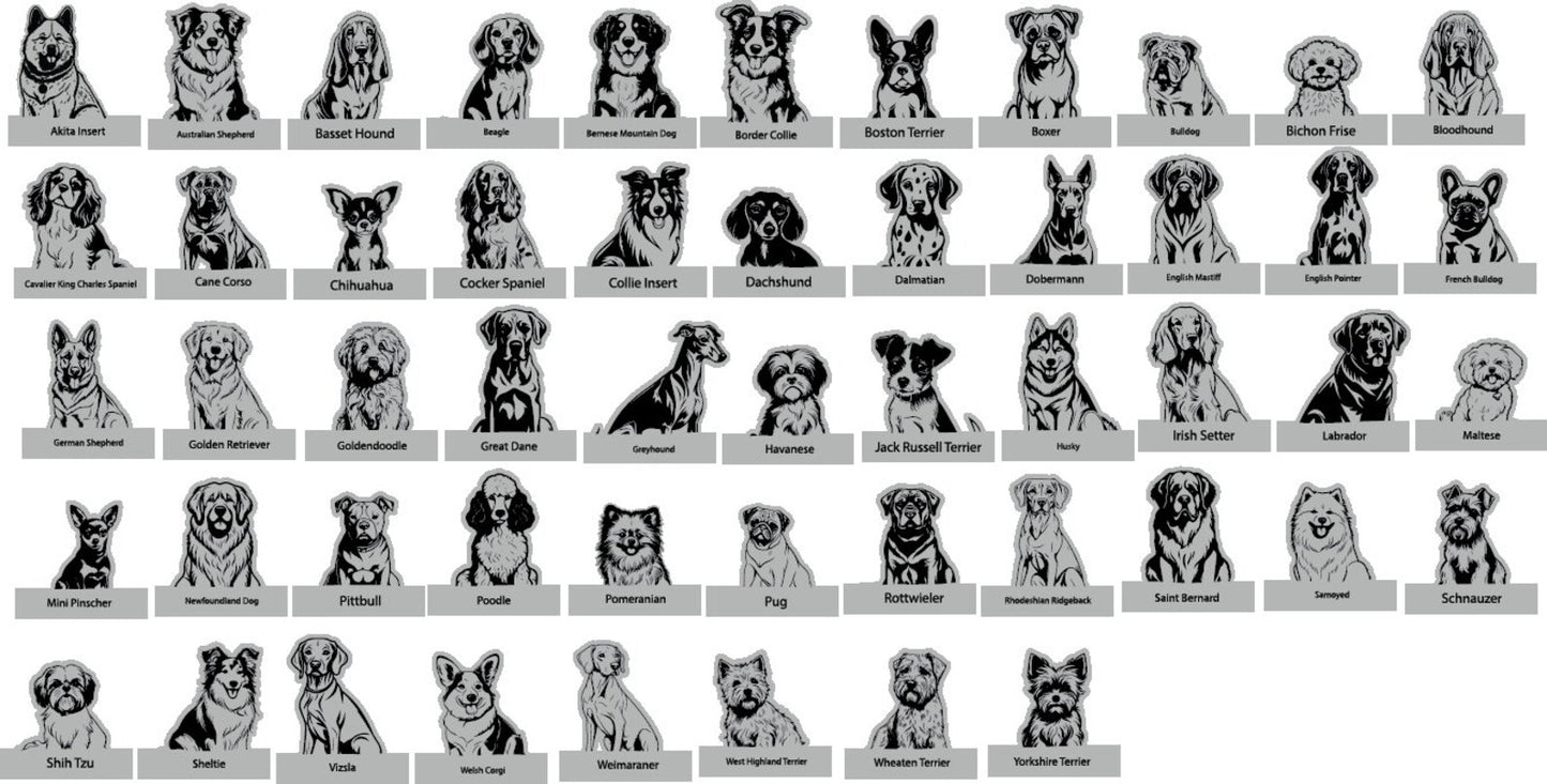 available dog breeds for Custom Christmas truck ornament with interchangeable dog breeds, hand-painted details, and rustic leather cord for hanging.