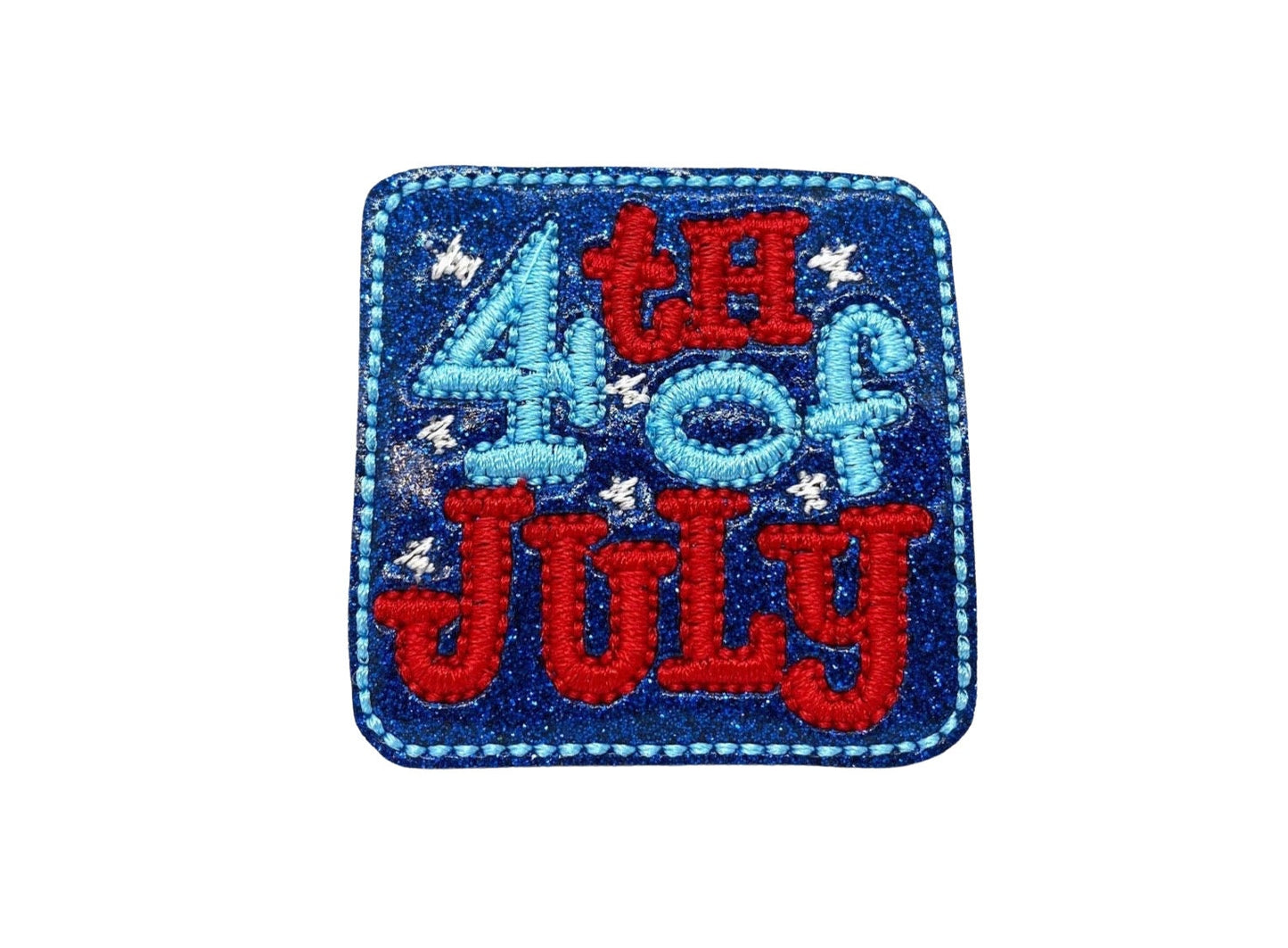 Patriotic dog collar embellishment featuring a navy blue square with "4th of July" in red and light blue lettering, accented by white stars.