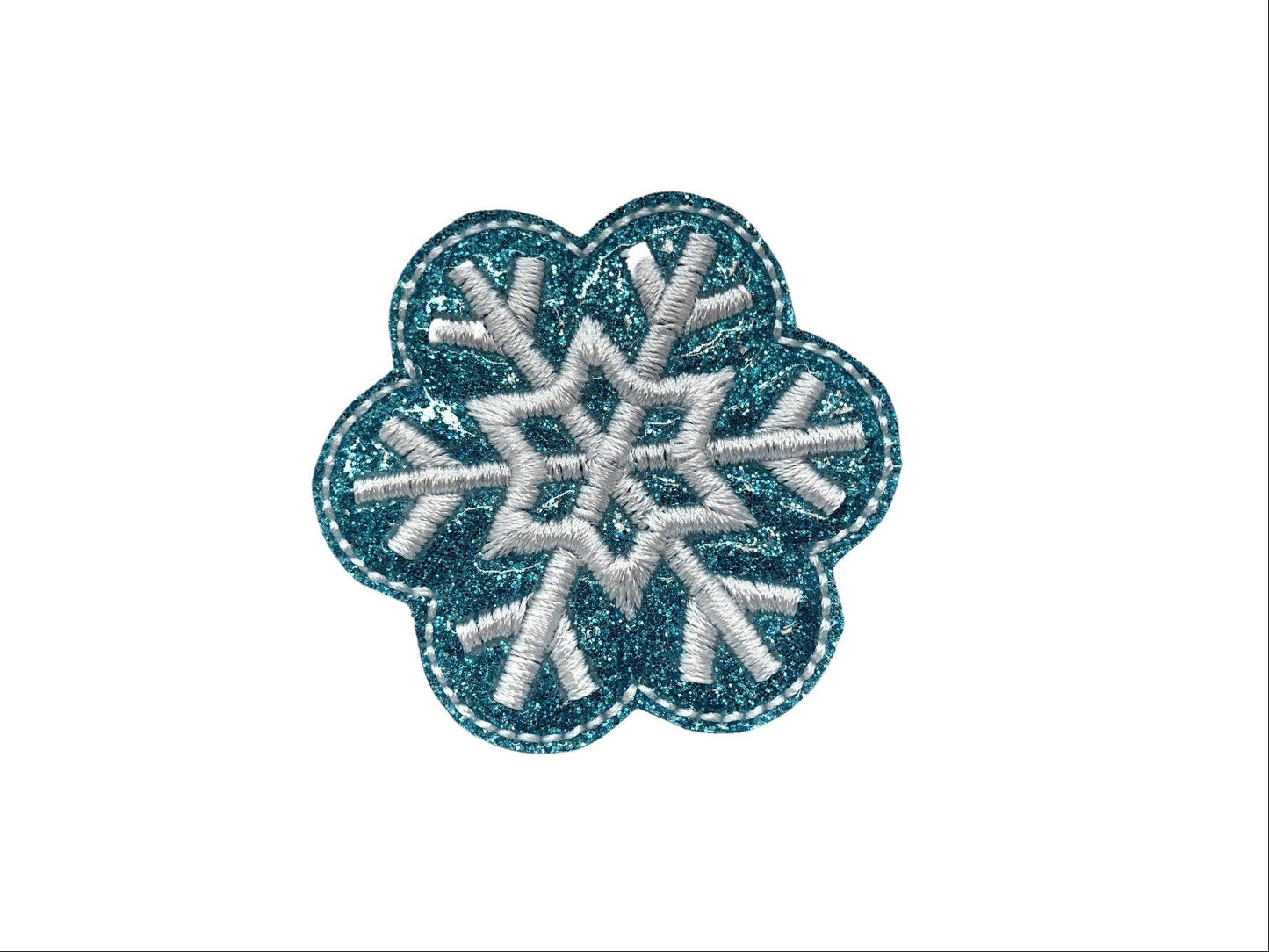 Shimmery blue snowflake dog collar embellishment with elastic loop attachment for easy on and off styling.