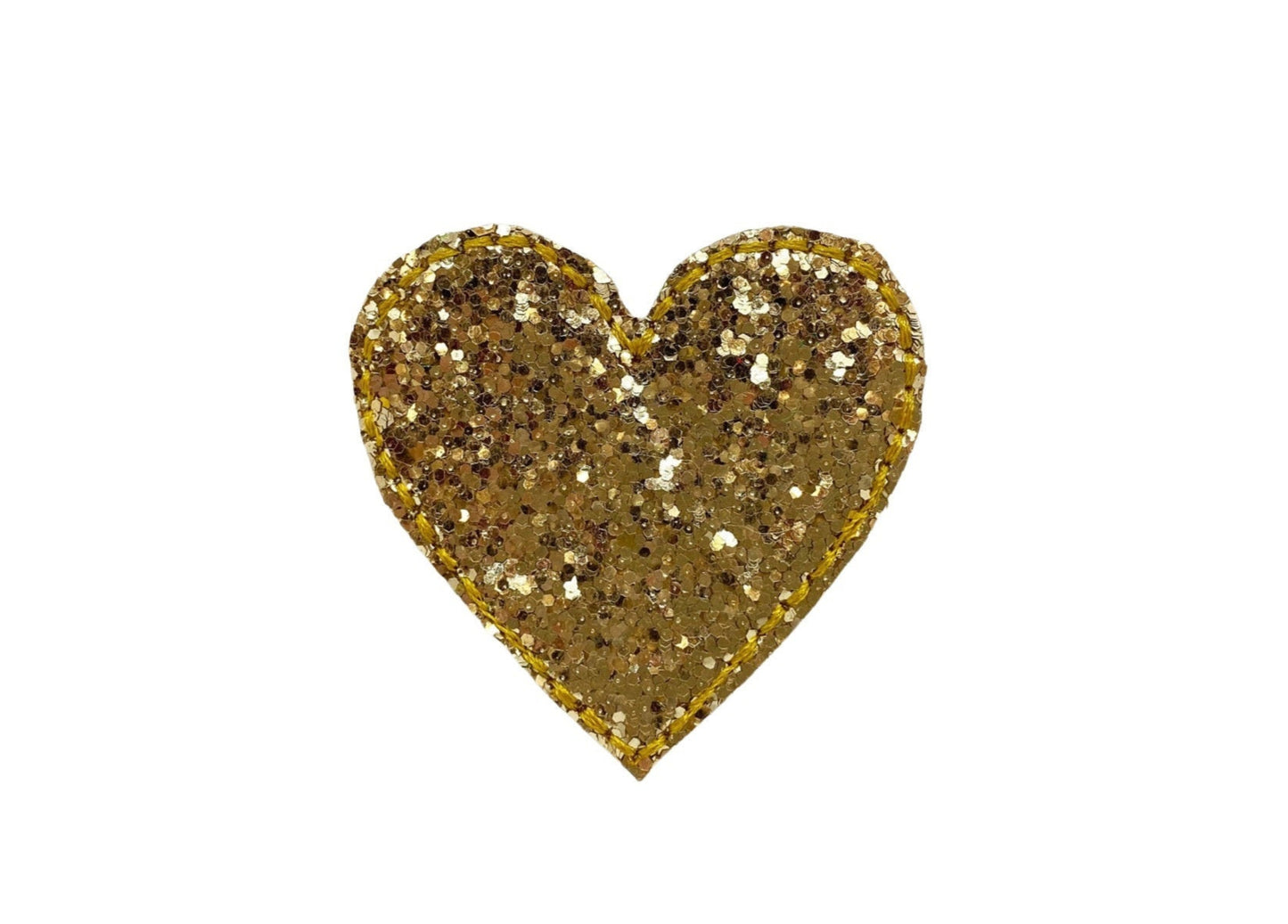 Chunky gold glitter heart embellishment for dog collars with elastic loop attachment, designed for easy on-and-off accessorizing.