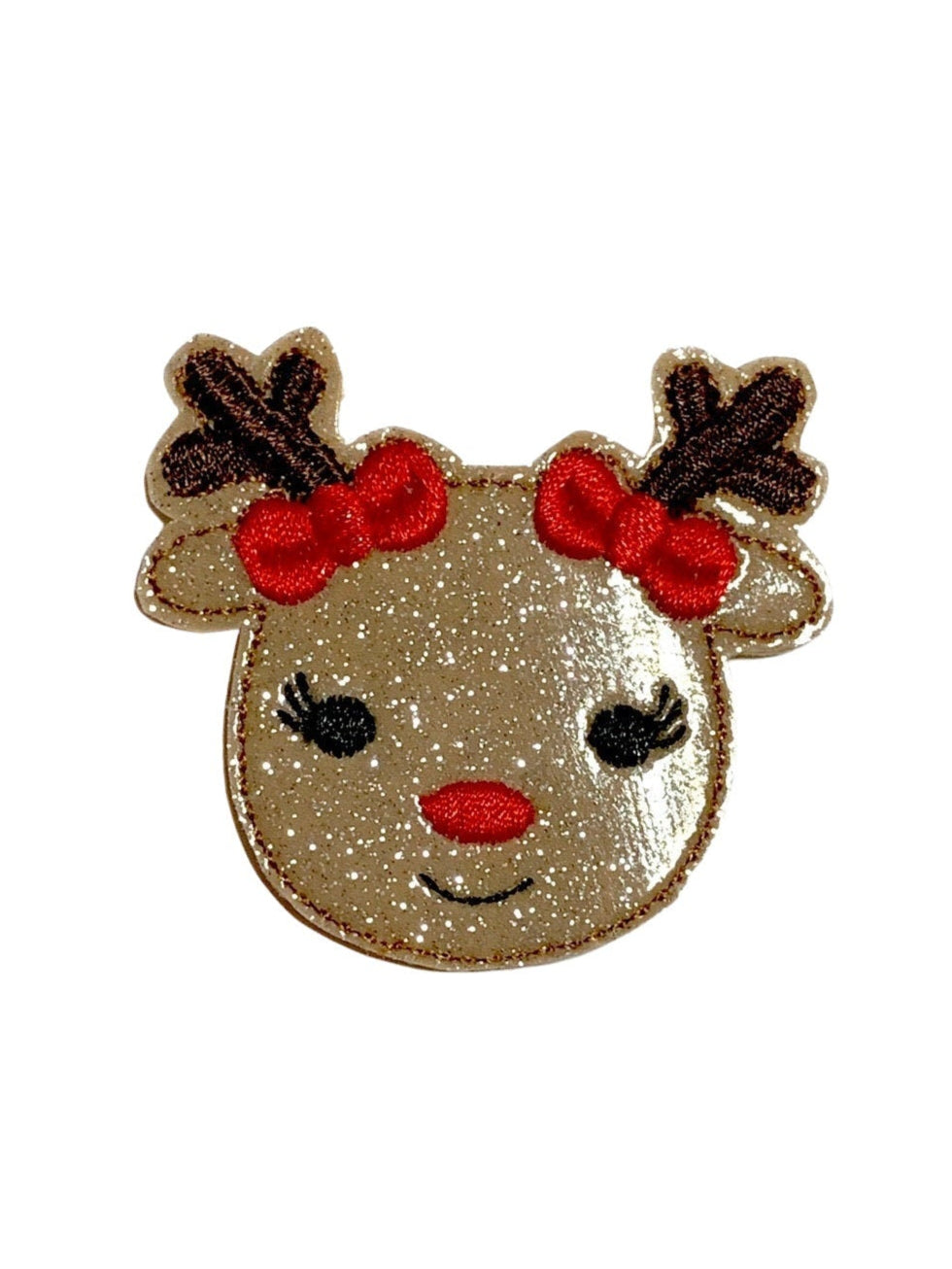 Girl reindeer dog collar embellishment with red bows on antlers, made of soft felt and attached with an elastic loop for easy on-and-off wear.