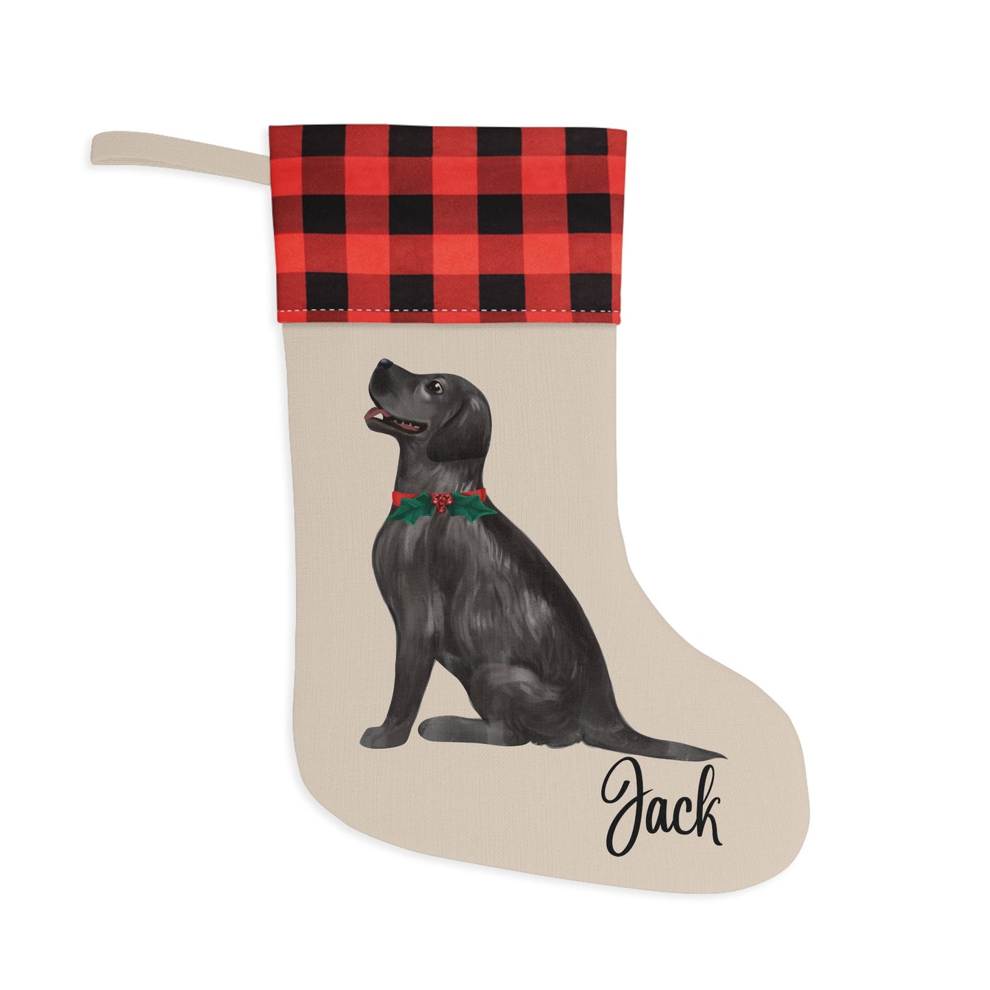 Cream-colored burlap dog Christmas stocking with watercolor black Labrador design, personalized with dog’s name, plaid cuff, and jingle bell collar.