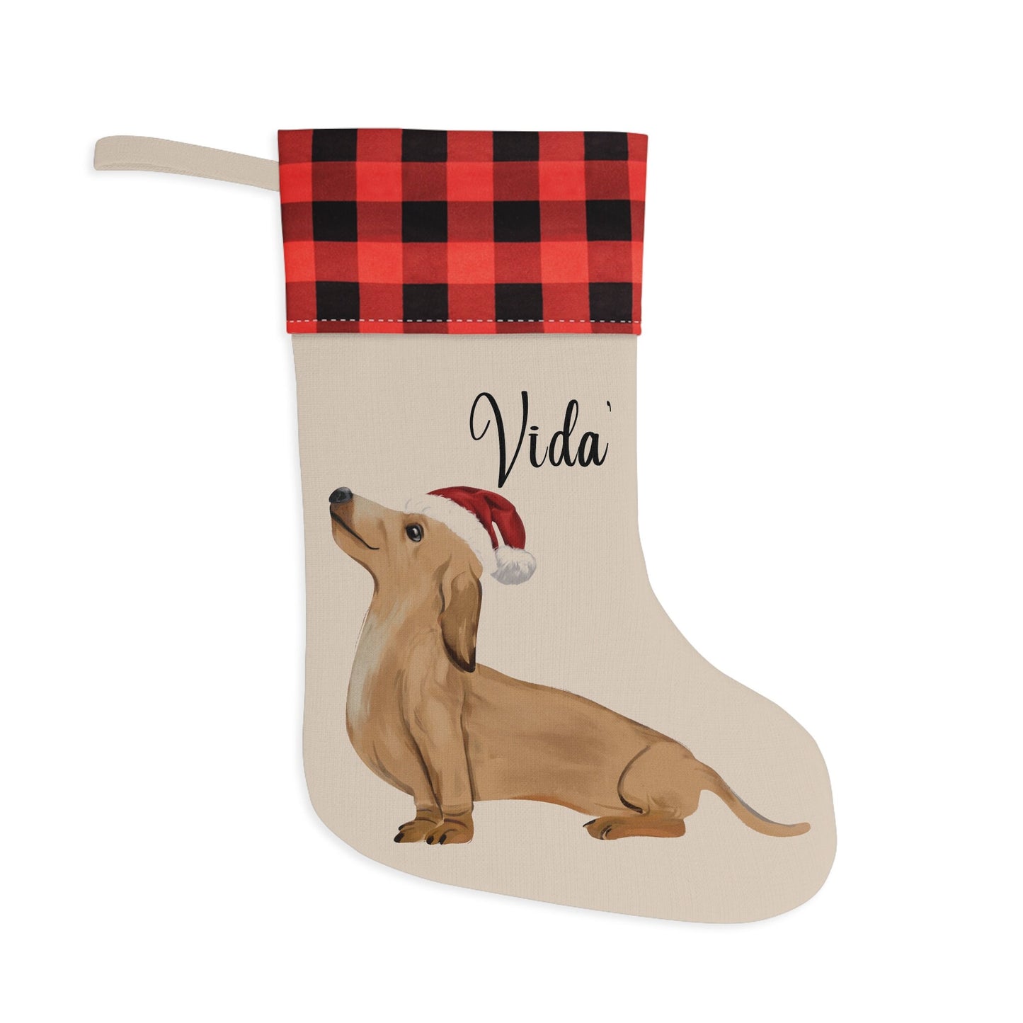Personalized Christmas stocking featuring an illustrated Dachshund wearing a Santa hat, displayed on a festive red/black buffalo plaid stocking with dog's name.