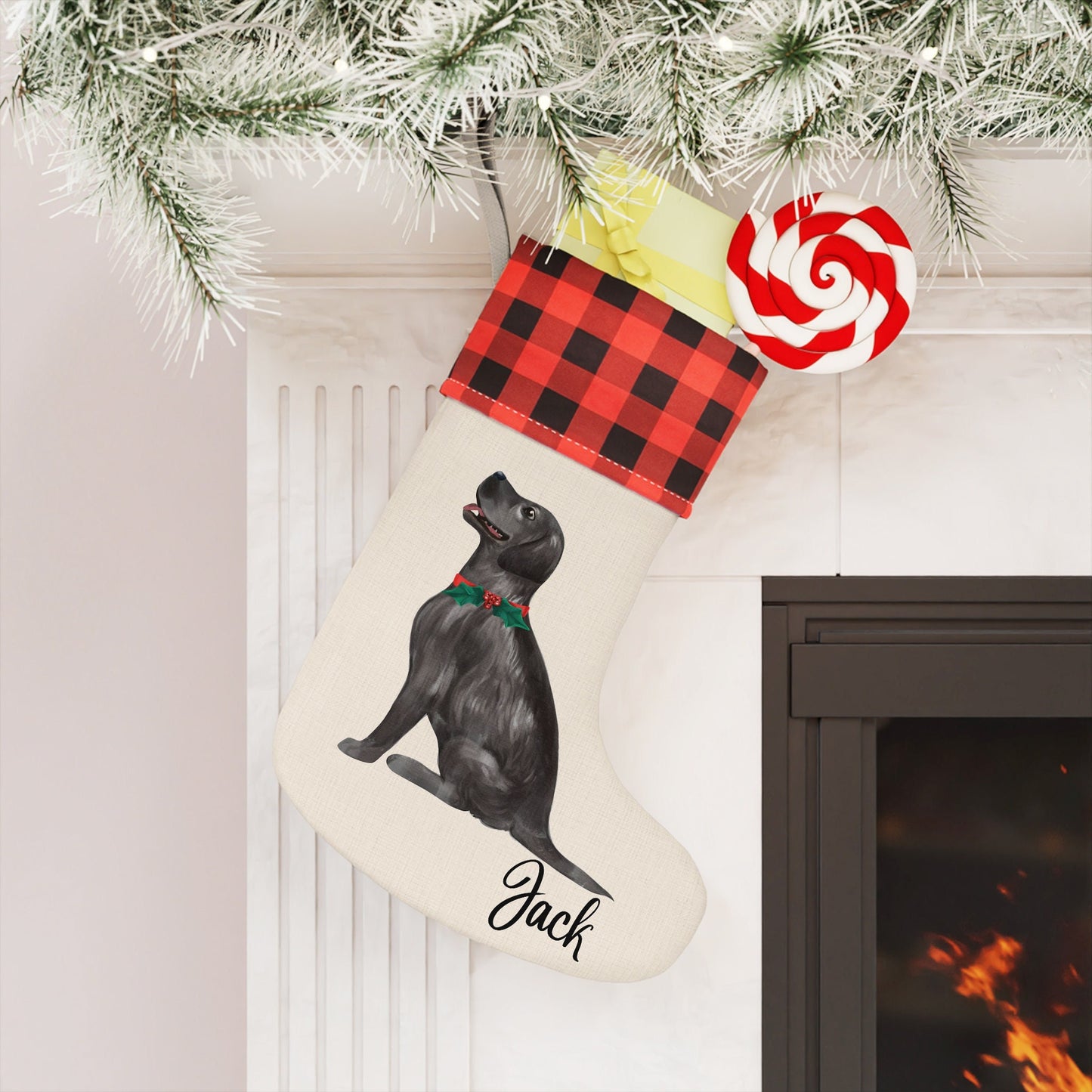 Cream-colored burlap dog Christmas stocking with watercolor black Labrador design, personalized with dog’s name, plaid cuff, and jingle bell collar.