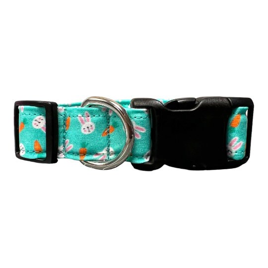Aqua dog collar with mini Easter bunnies and carrots pattern.