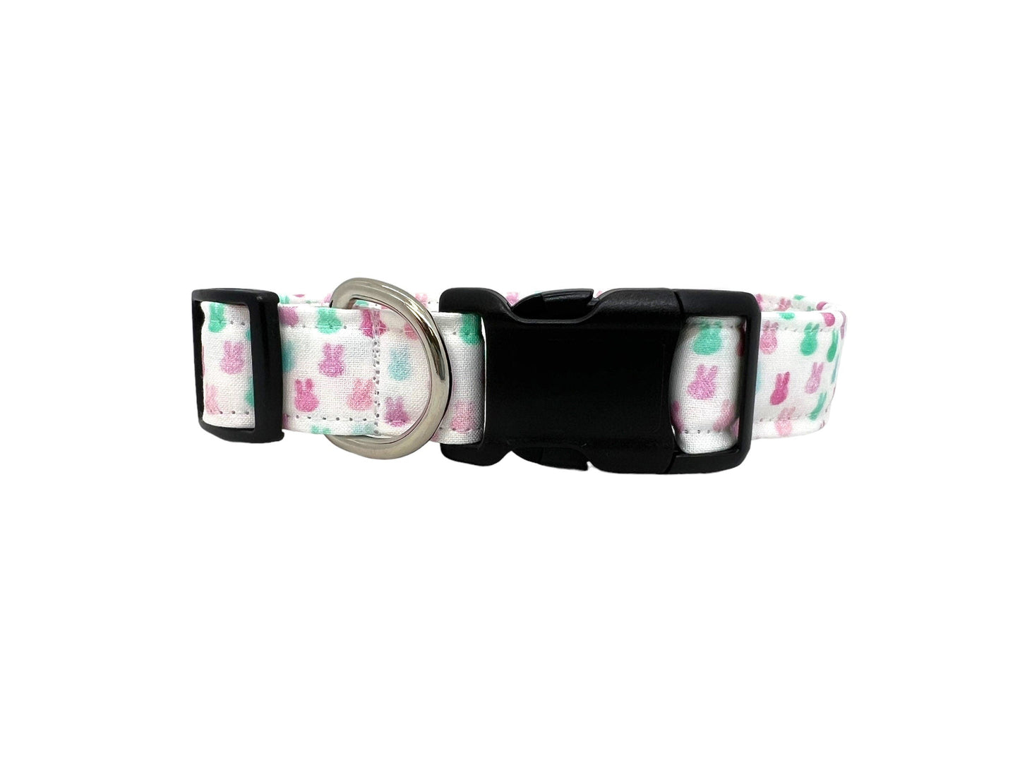 Easter Bunny Dog Collar with pastel bunnies and detachable flower accessory.