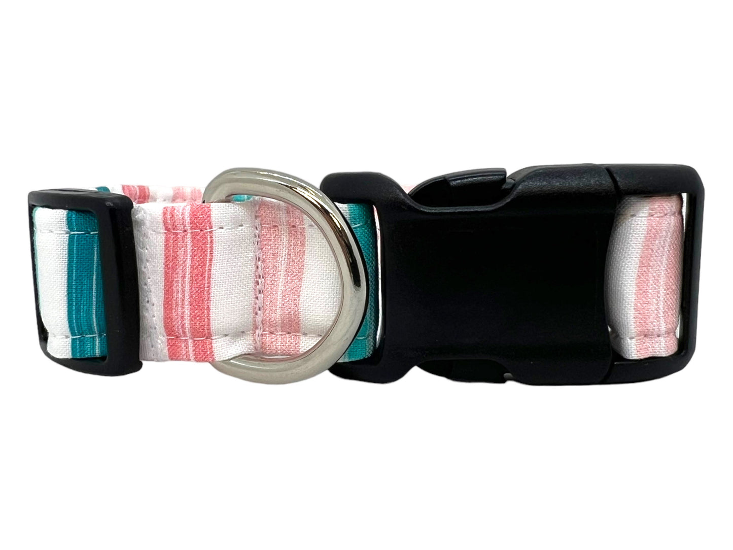 Teal & Pink Watercolor Stripe Dog Collar with Flower