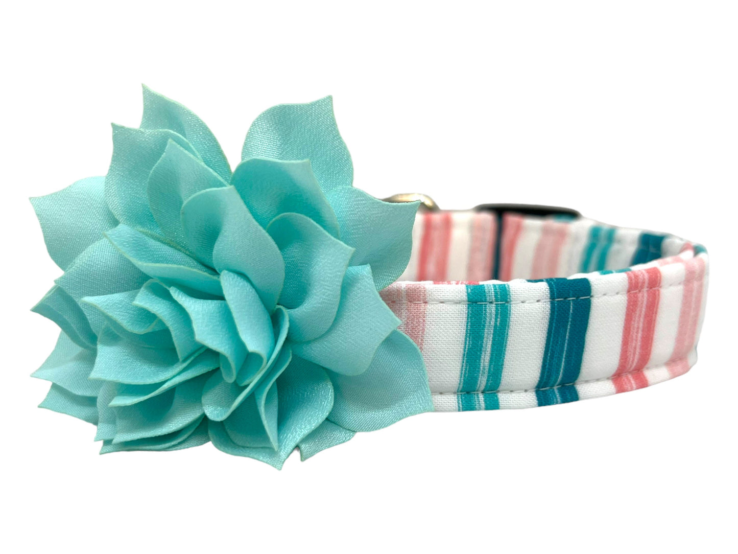 Teal & Pink Watercolor Stripe Dog Collar with Flower