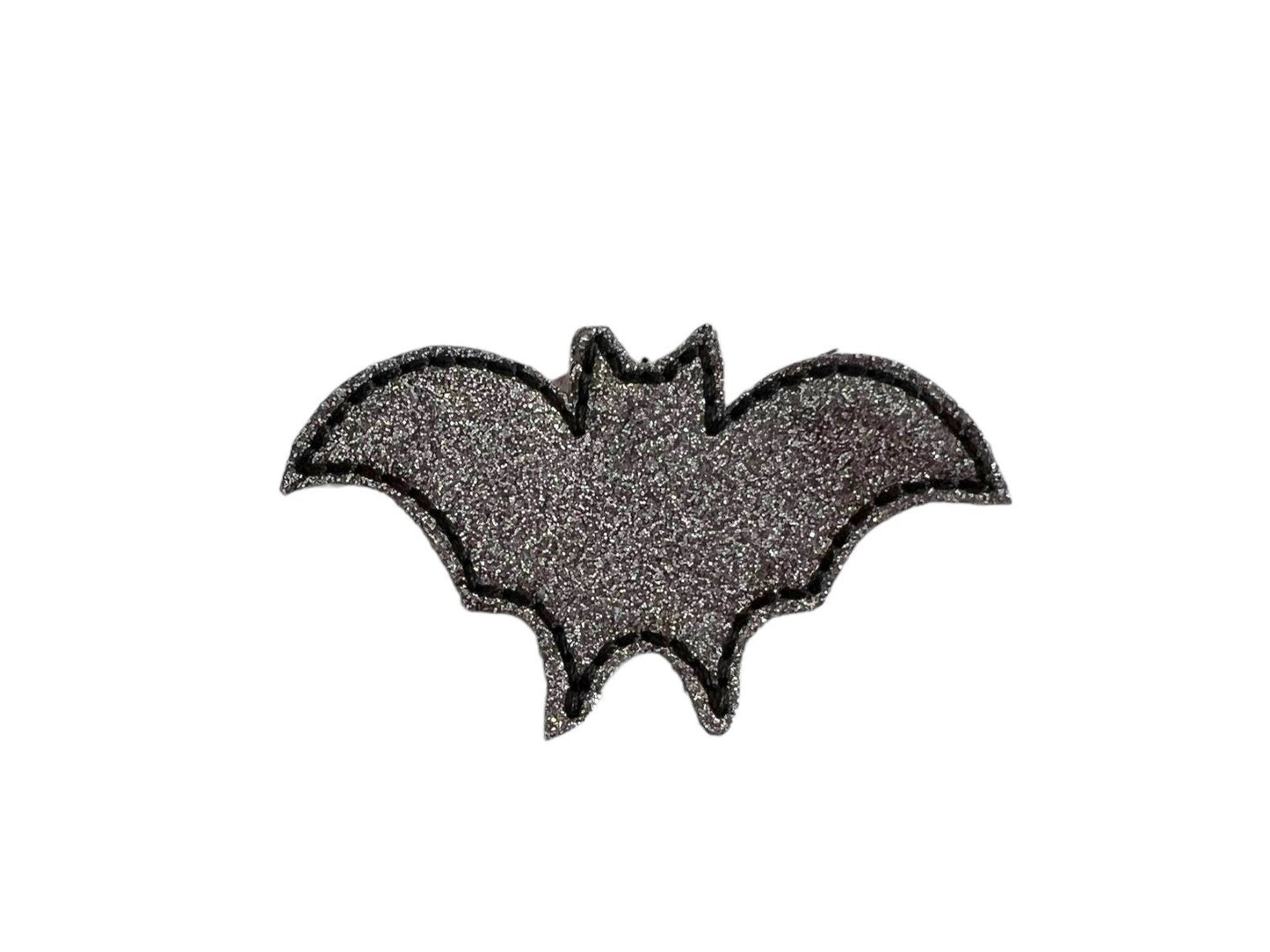 Black glitter bat-shaped dog collar embellishment with elastic loop attachment, ideal for Halloween or spooky-themed dog collars.