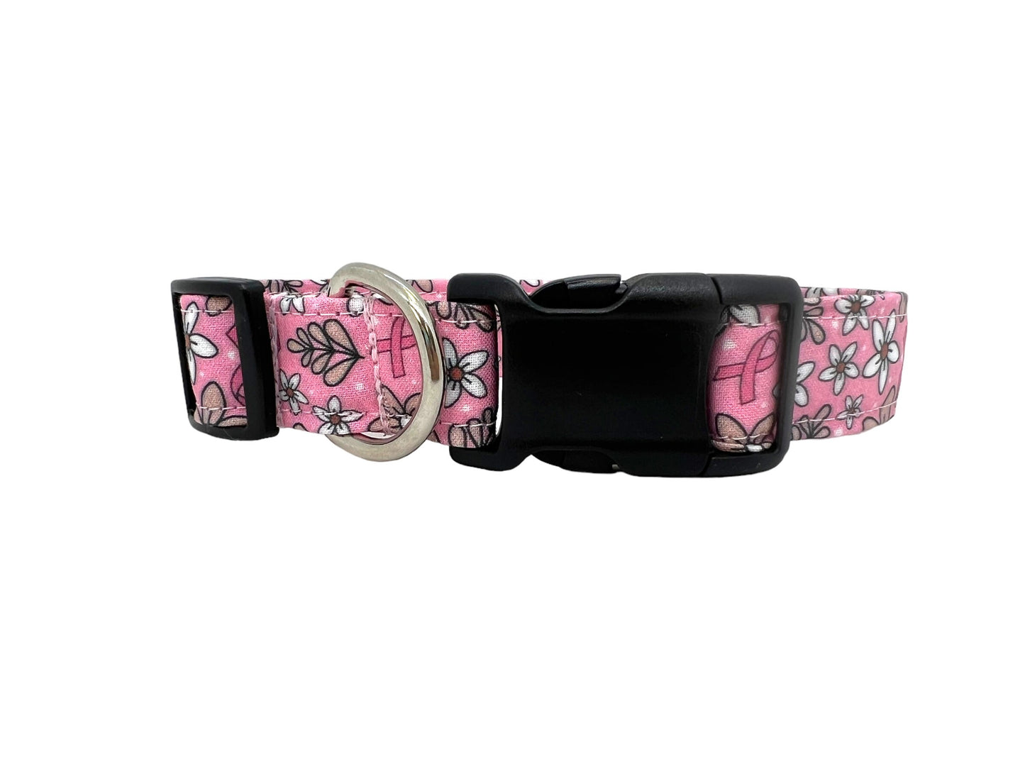 Pink Ribbon Breast Cancer Awareness Dog Collar with Flower