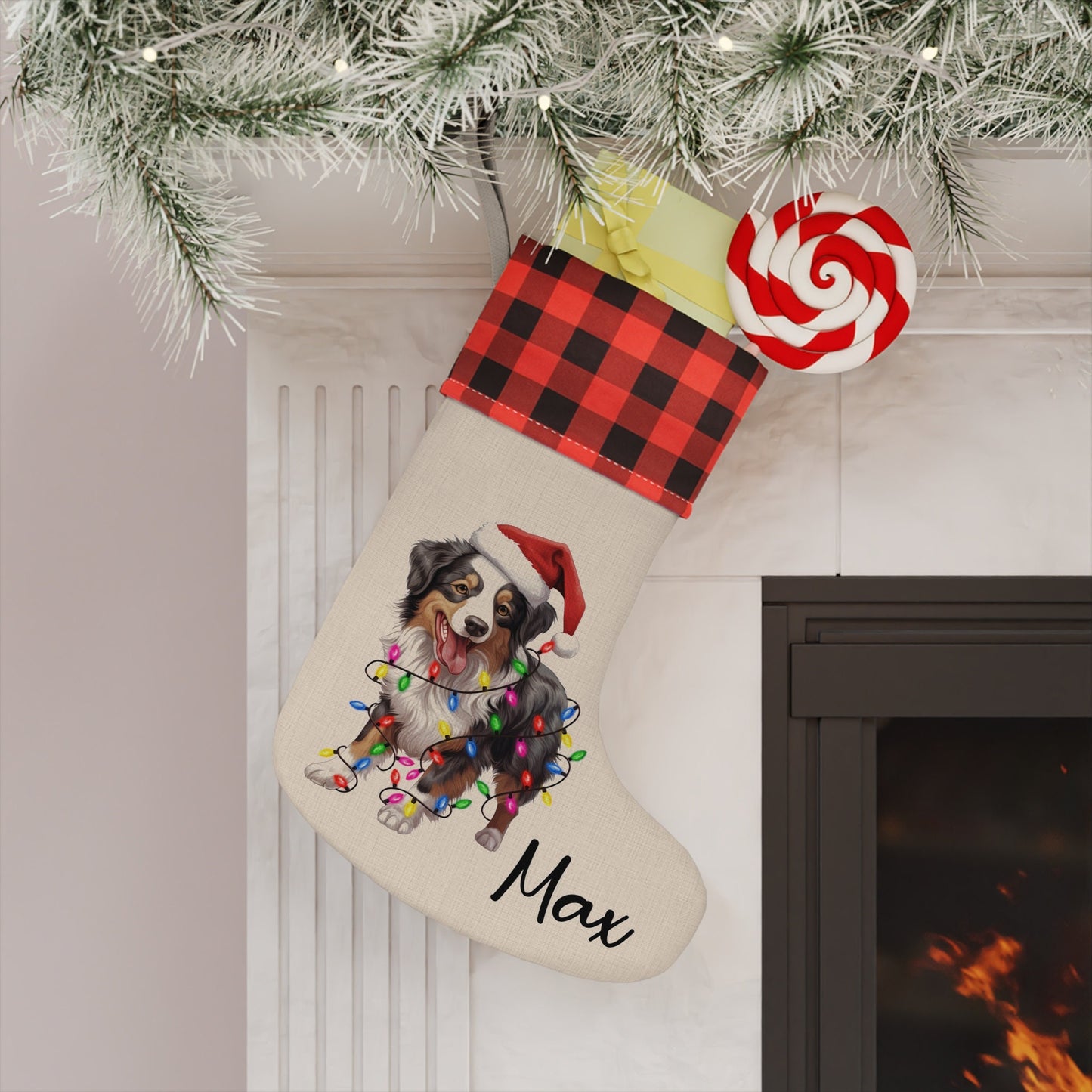 Linen plaid Christmas stocking with a festive Australian Shepherd wrapped in holiday lights, personalized with a dog’s name.