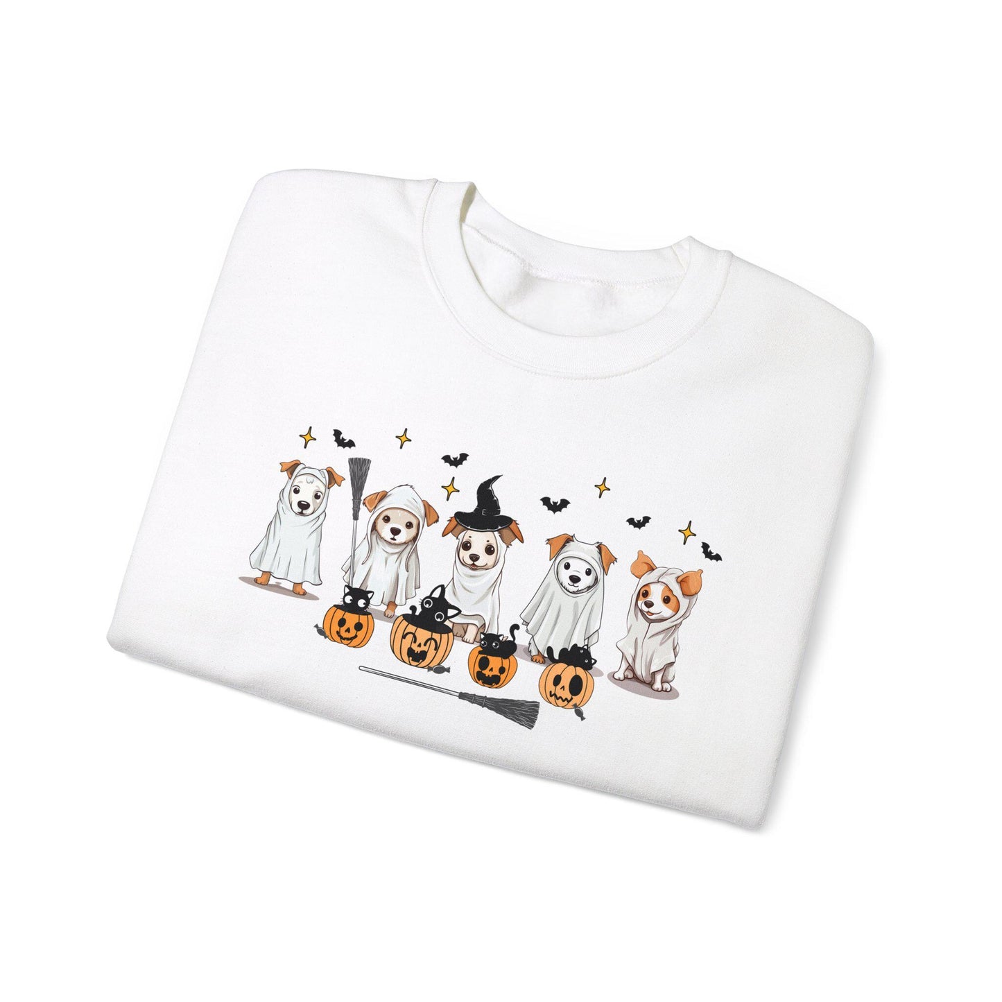 Halloween sweatshirt with five dogs dressed as ghosts, surrounded by bats, black cats, and jack-o’-lanterns for a playful spooky-season design.