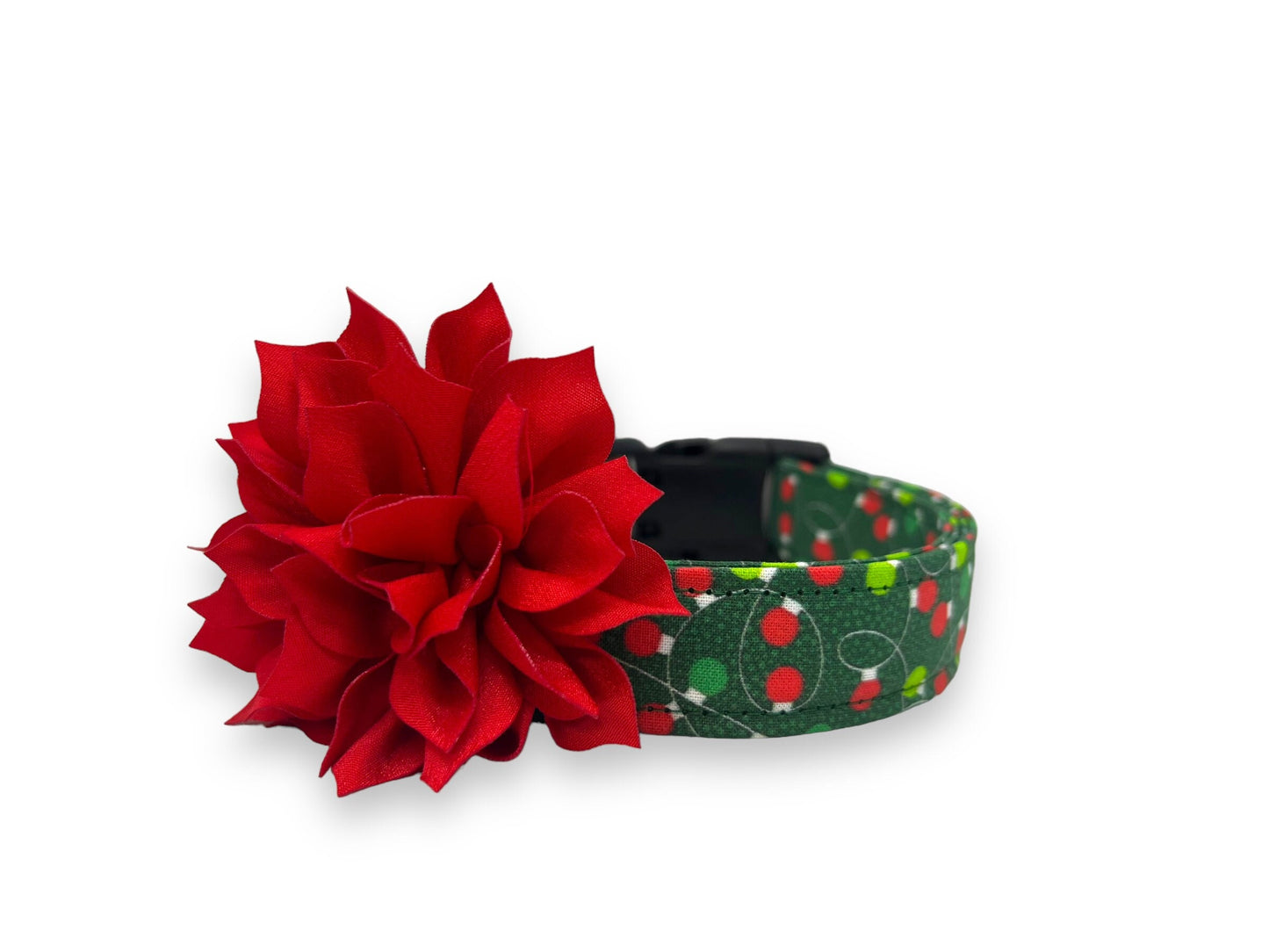 Christmas tree dog collar embellishment with green and red holiday design, elastic loop attachment, and festive sparkle for holiday dog collars.