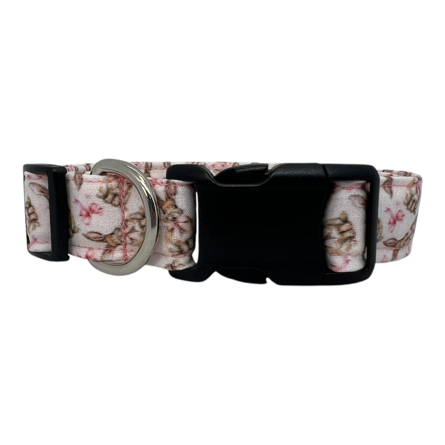 Pale pink dog collar with Easter bunny illustrations and pink coquette bows in a vintage cottagecore style.