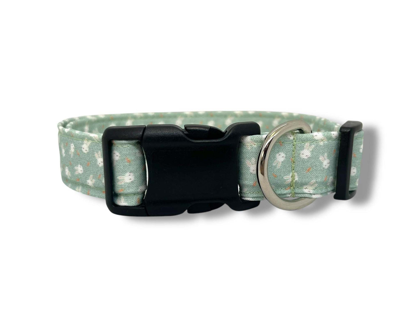 Light green dog collar with Easter bunny and carrot design, featuring an attached flower for springtime charm.