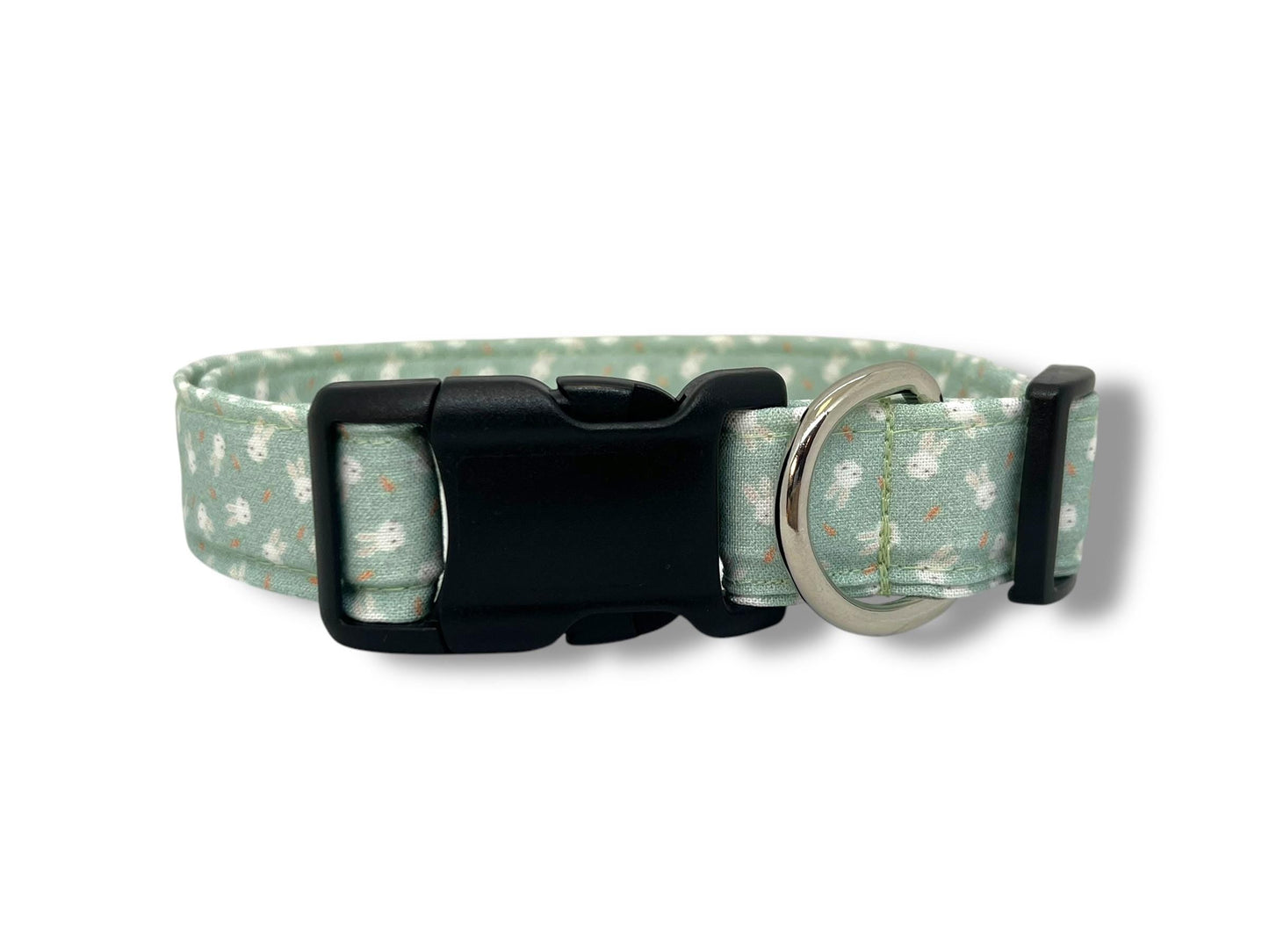 Light green dog collar with mini Easter bunnies and carrots design.