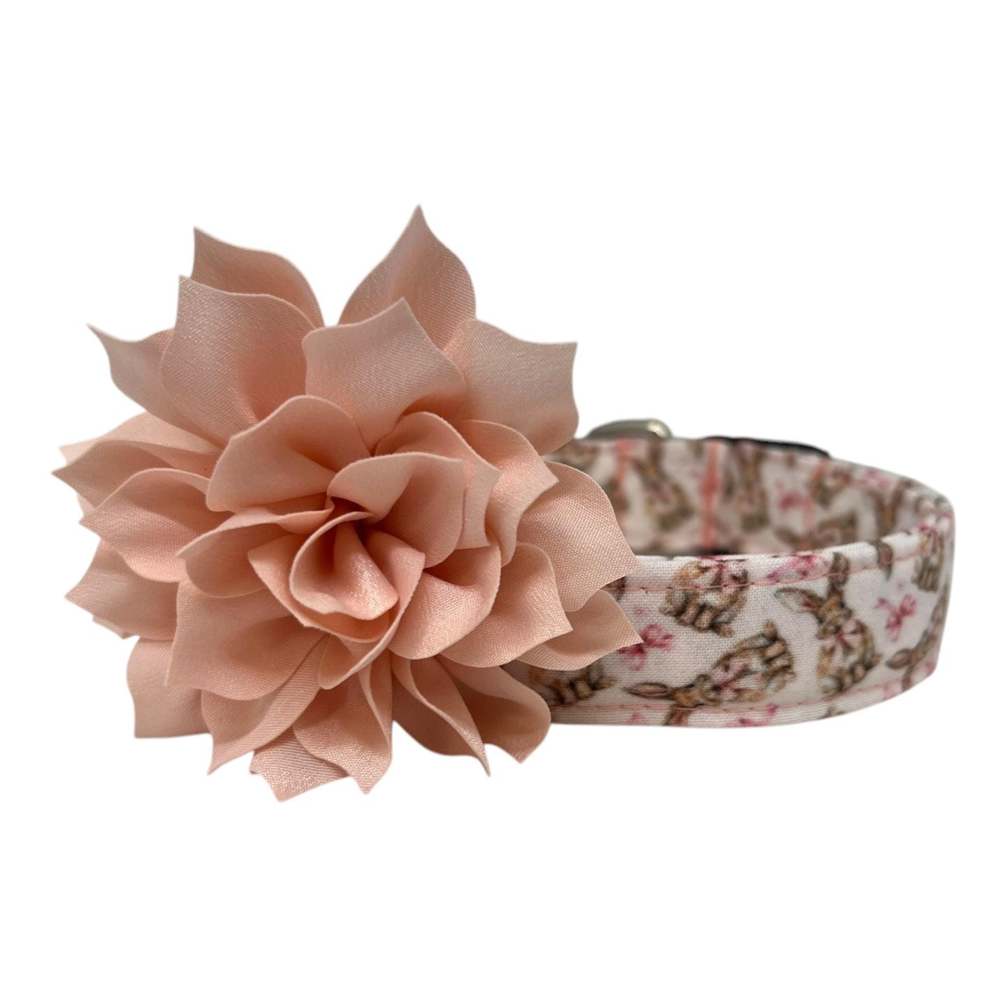 Pale pink dog collar with Easter bunny illustrations and pink coquette bows in a vintage cottagecore style with removable pale pink dog collar flower.