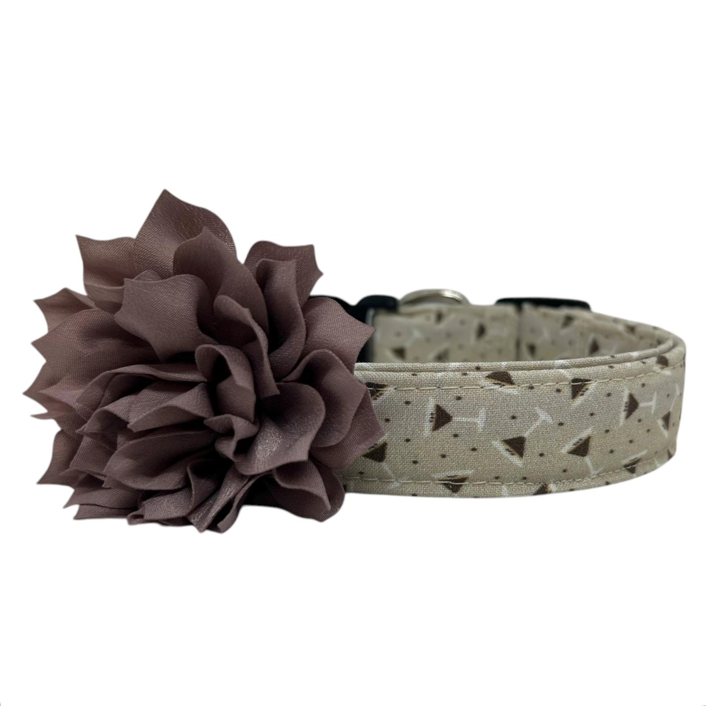 Beige dog collar featuring a playful espresso martini-themed print with tiny martini glasses and coffee beans and a taupe dog collar flower, laid flat on a white background.