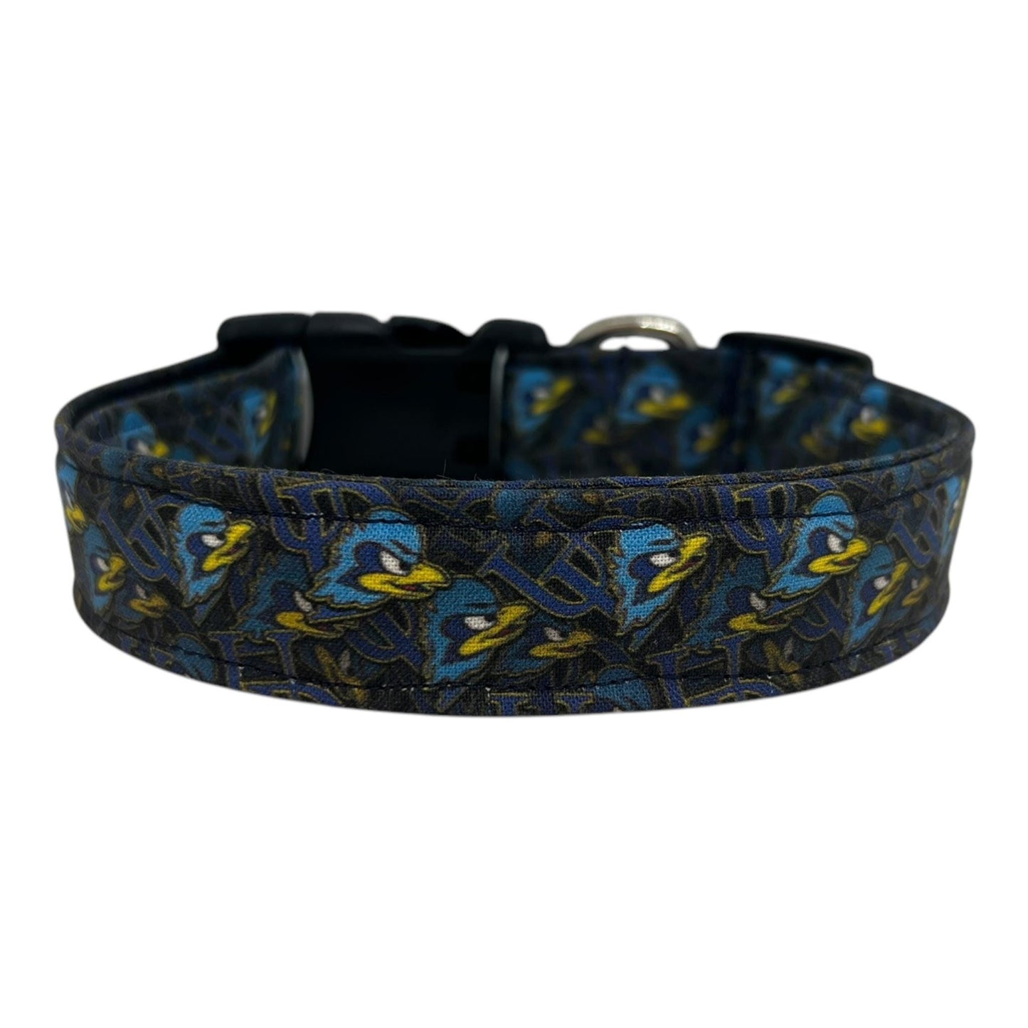 Navy blue dog collar featuring the University of Delaware UD logo and Blue Hens graphics, laid flat on a white background.