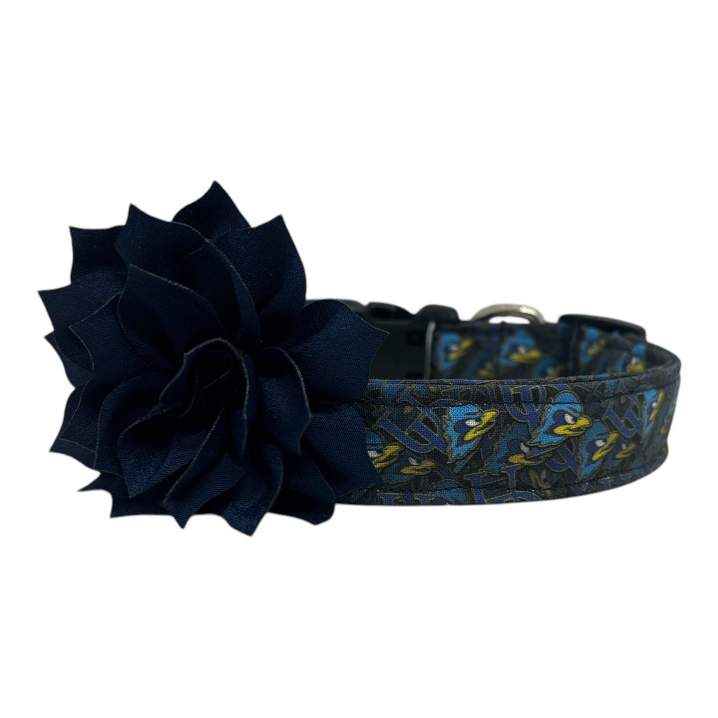 Navy blue dog collar featuring the University of Delaware UD logo and Blue Hens graphics with navy blue dog collar flower, laid flat on a white background.
