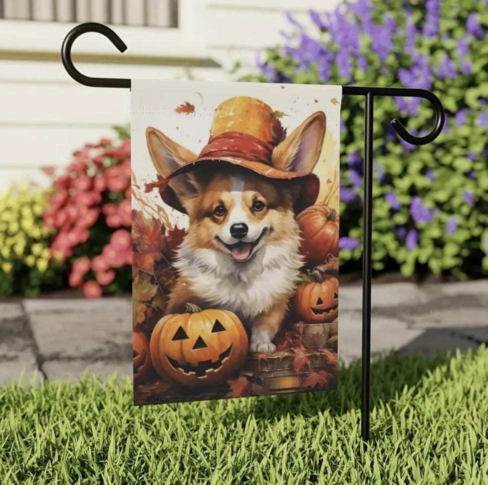 Corgi Garden Flag, Fall Corgi Garden Flag, Dog Garden Flag, Fall Garden Flag, Corgi Halloween Flag, Fall Dog Flag, Garden Flag