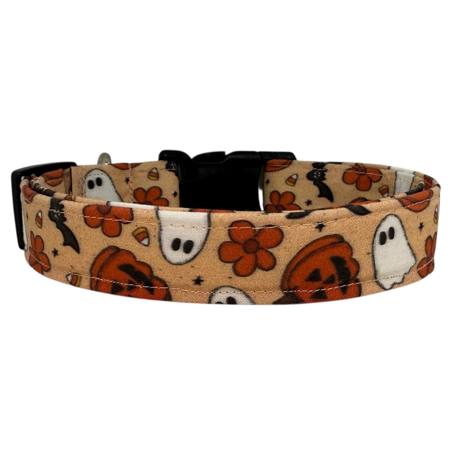 Tan Halloween dog collar with ghosts, jack-o’-lanterns, bats, candy corn, orange flowers.
