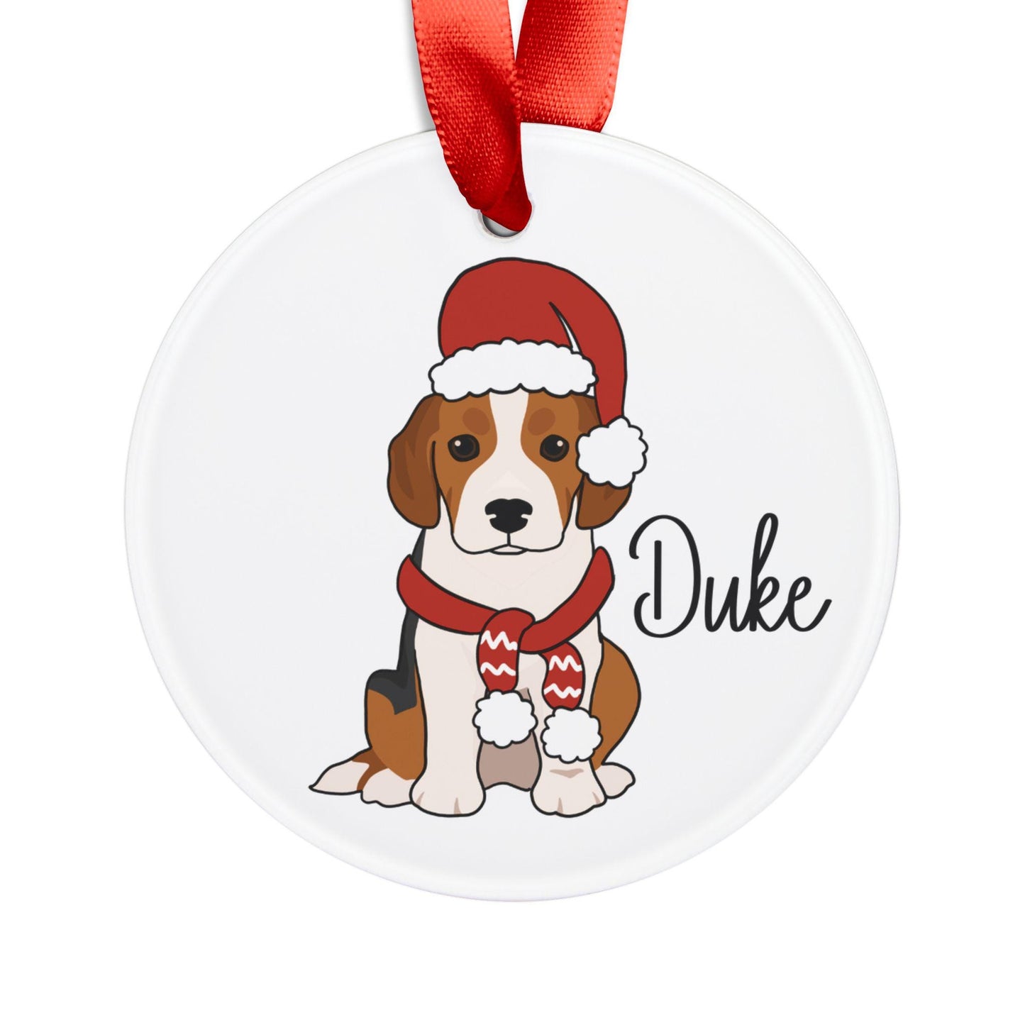 Personalized Beagle Christmas ornament featuring a festive illustration of a Beagle wrapped in a holiday scarf and Santa hat, made from glossy acrylic with a red hanging ribbon.