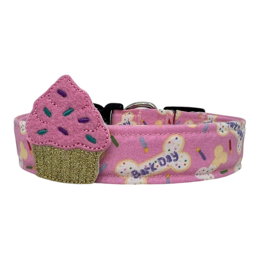 Pink Barkday Birthday Dog Collar with Embellishment
