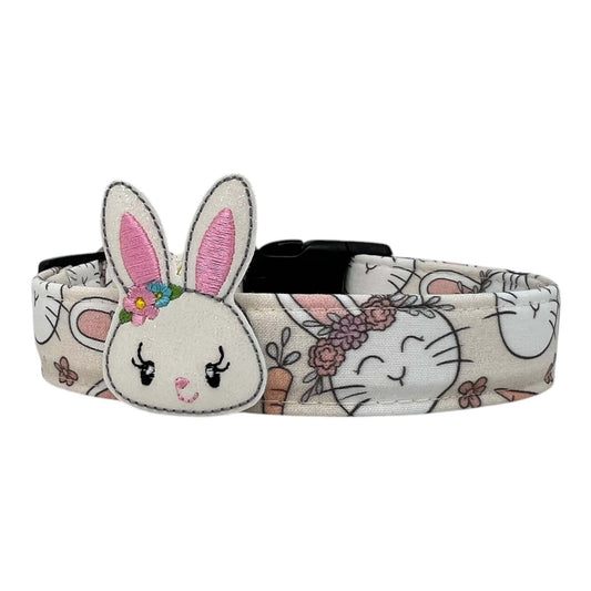 Pastel Easter dog collar with bunny and flower adornments.