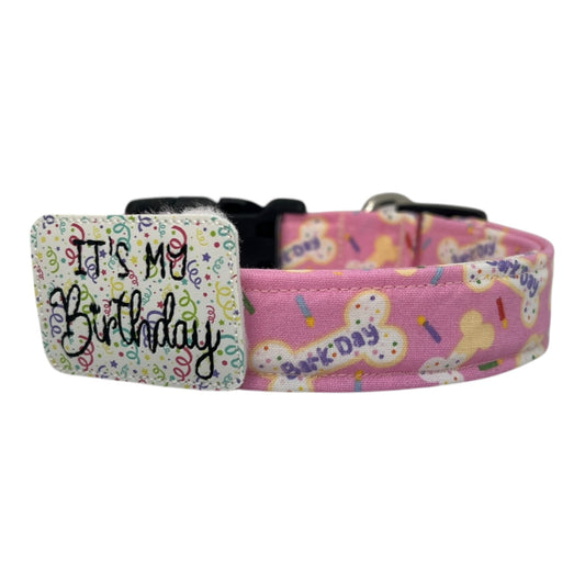 Pink Barkday Birthday Dog Collar with Embellishment