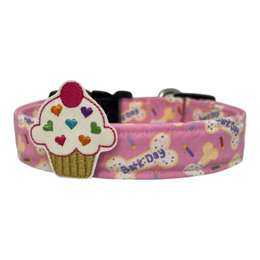 Pink Barkday Birthday Dog Collar with Embellishment