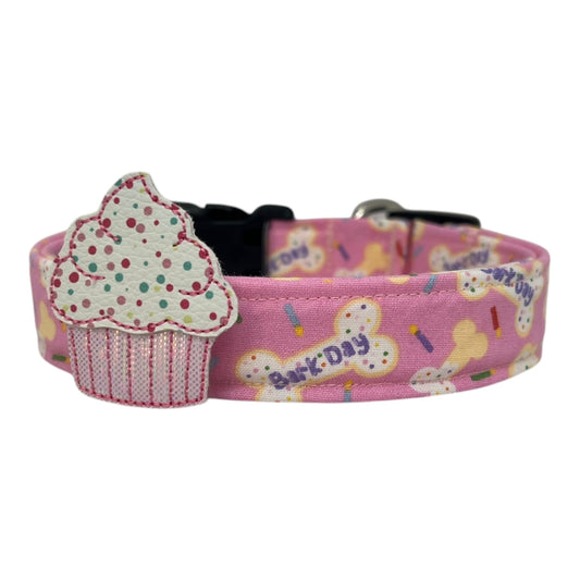 Pink Barkday Birthday Dog Collar with Embellishment