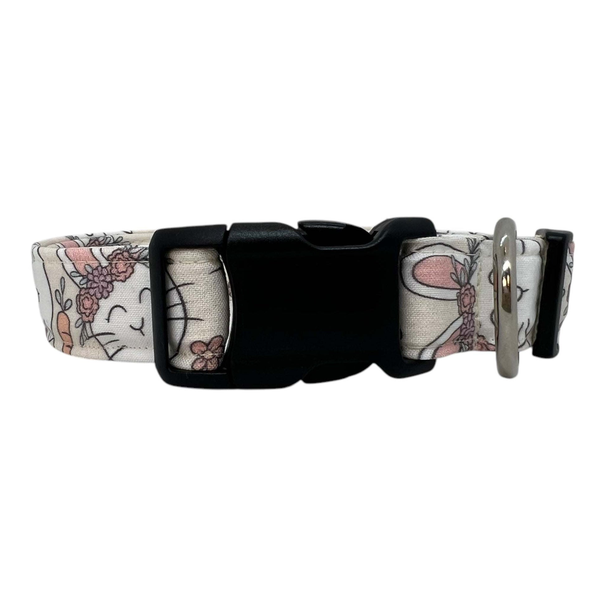 Pastel Easter dog collar with bunny and flower embellishment.