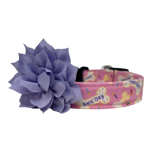 Pink Barkday Birthday Dog Collar with Flower