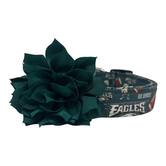 Philadelphia Eagles dog collar with dark green team print and a Jade flower embellishment attached.