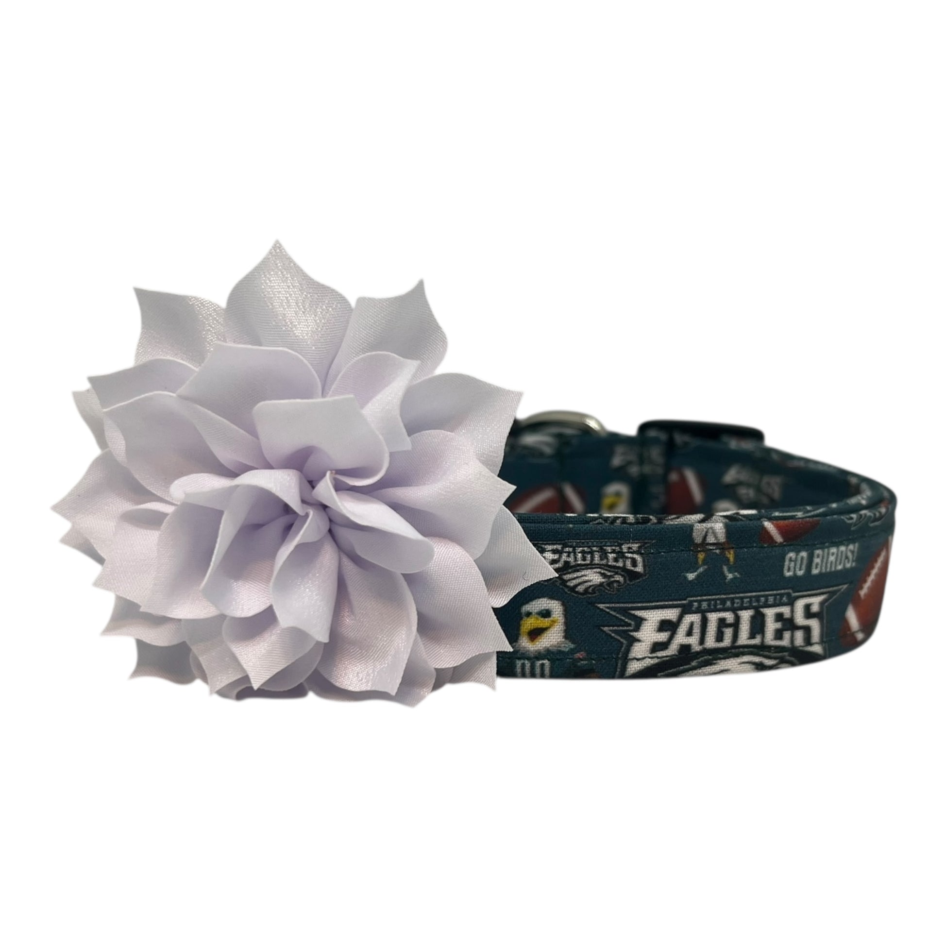Philadelphia Eagles dog collar with dark green team print and a white flower embellishment attached.