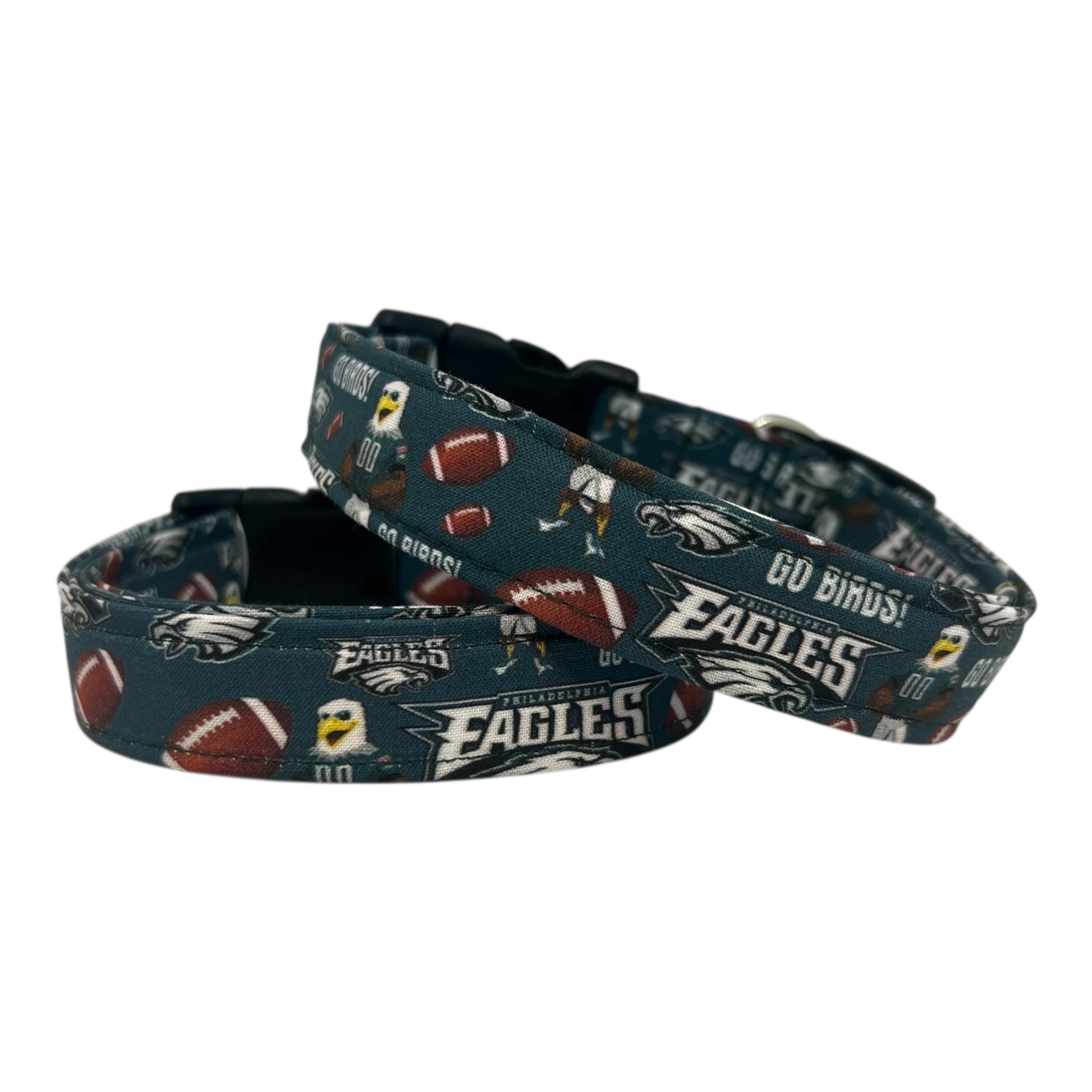 Philadelphia Eagles dog collar with football-themed print, team logos, and "Go Birds!" text on a dark green background.