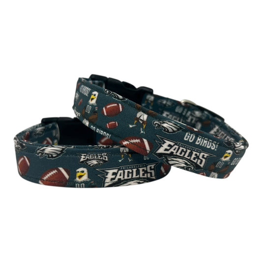 Philadelphia Eagles dog collar with football-themed print, team logos, and "Go Birds!" text on a dark green background.