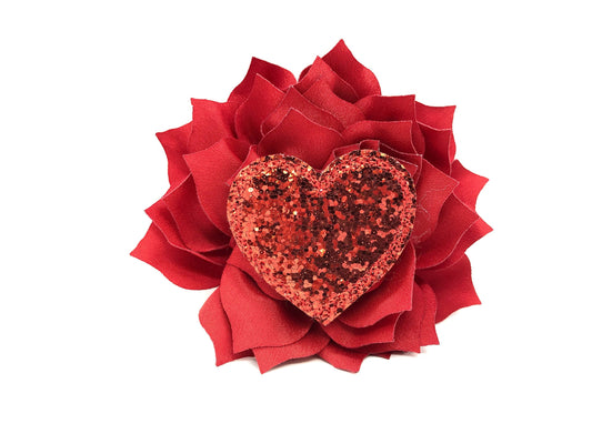 Embellished Dog Collar Flower, 4 Inch Dog Collar Flower with Embellishment, Valentine's Day Embellishment, Red Glitter Heart Embellishment