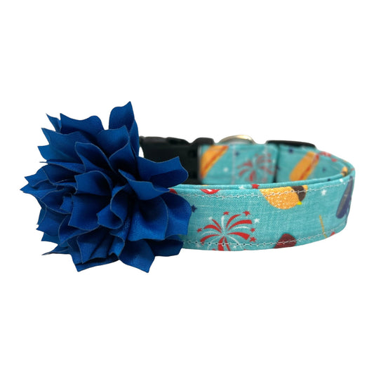 Patriotic Dog Collar, BBQ Dog Collar, Grill, Hamburger, Hot Dog with Blue Flower, 4th of July Dog Collar, Memorial Day Dog Collar, Labor Day