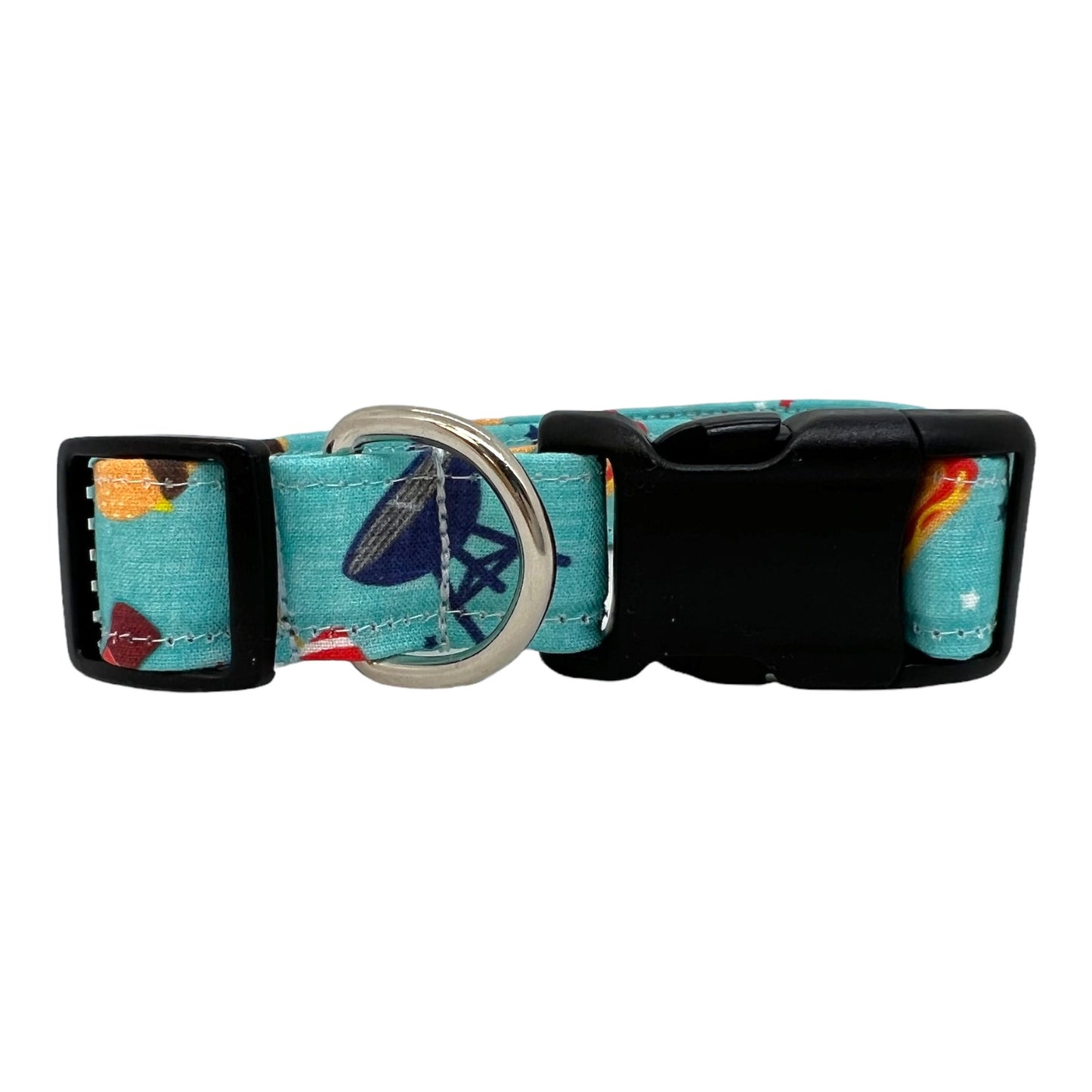 Patriotic Dog Collar, BBQ Dog Collar, Grill, Hamburger, Hot Dog with Blue Flower, 4th of July Dog Collar, Memorial Day Dog Collar, Labor Day