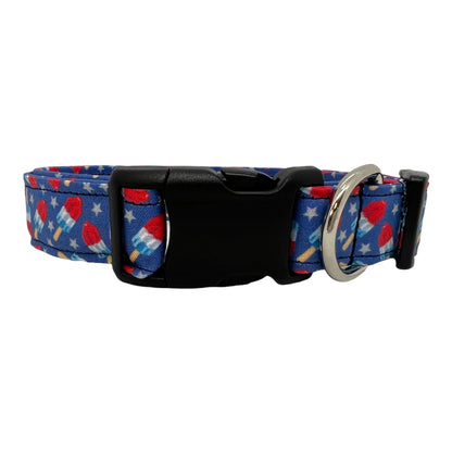 Patriotic popsicle-themed dog collar with red, white, and blue design.