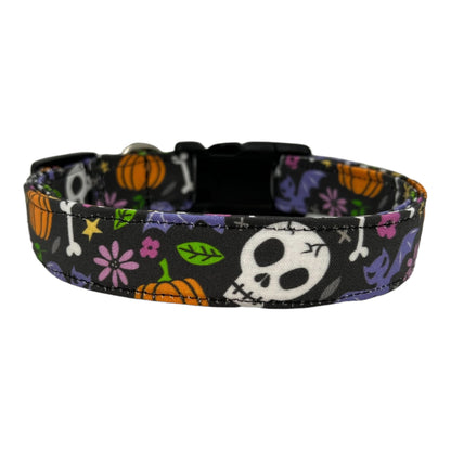 Halloween dog collar with skulls, bats, and pumpkins
