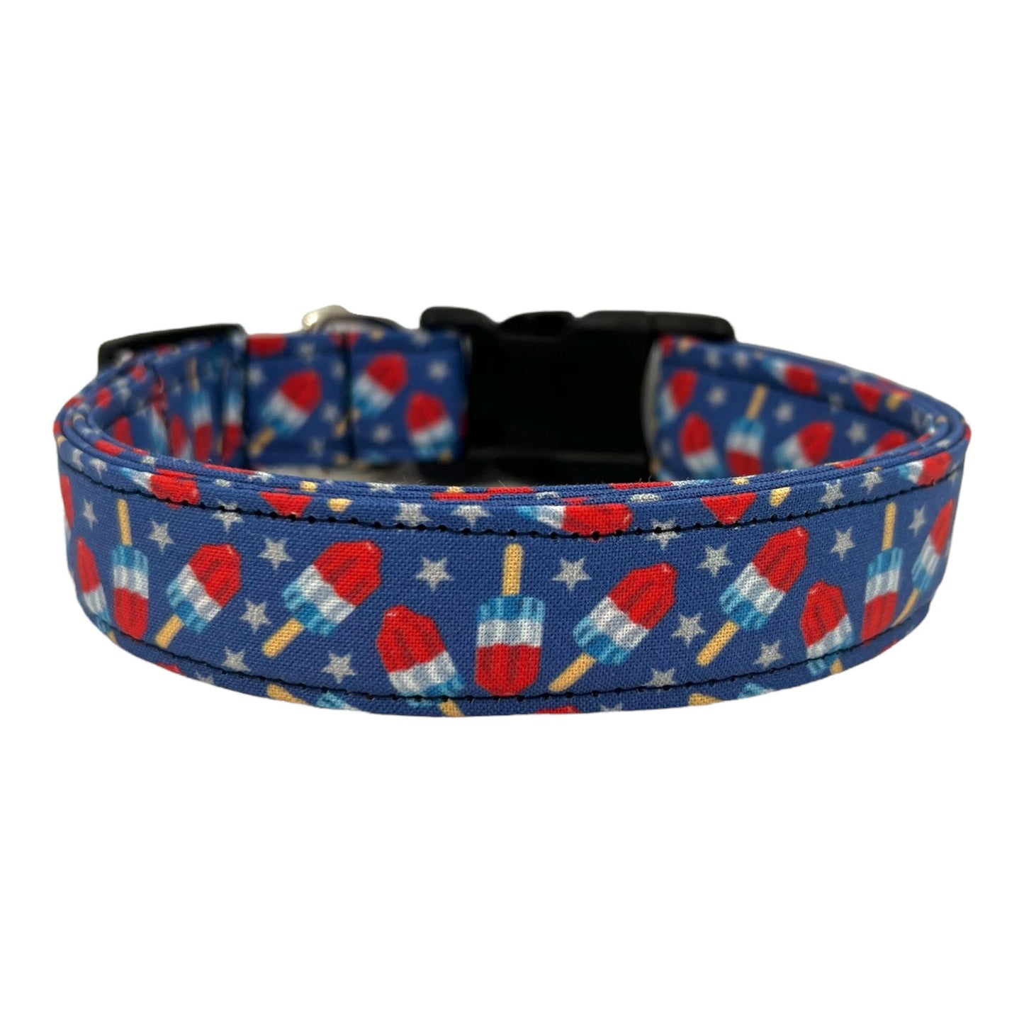 Patriotic popsicle-themed dog collar with red, white, and blue design.