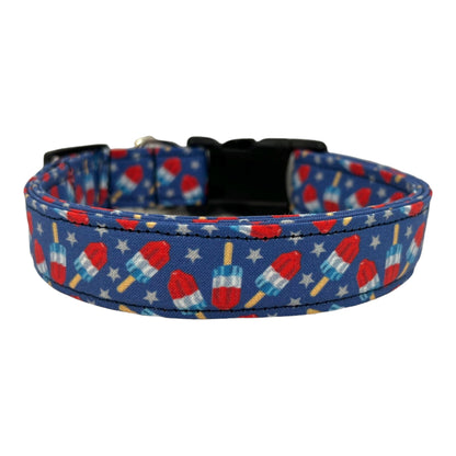 Patriotic popsicle-themed dog collar with red, white, and blue design.