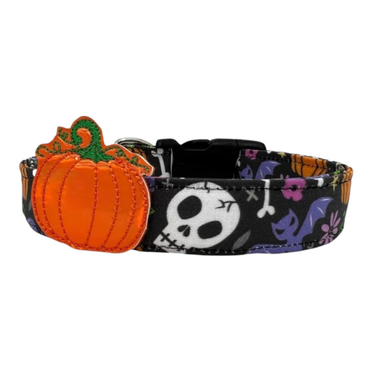Halloween Skull Dog Collar with Pumpkin Dog Collar Embellishment