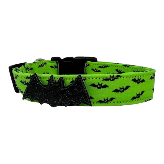Bright Green Halloween Dog Collar with Black Bat Embellishment